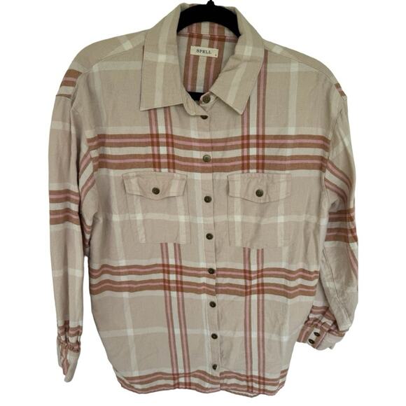 Spell & the Gypsy Basecamp Flannel button up in Musk small cozy plaid cotton - Picture 4 of 8